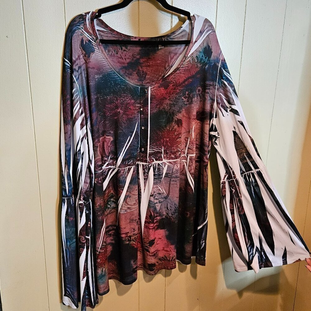 Boho Chic Women's Bohemian Tunic Top with Bell Sleeves, Plus-Size 3X, Stretchy